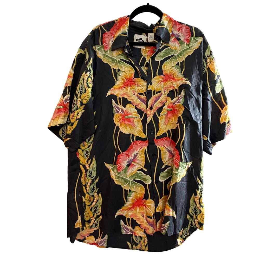 Hilo Hattie Silk Hawaiian Shirt Tropical Floral Black Aloha Camp Shirt Large